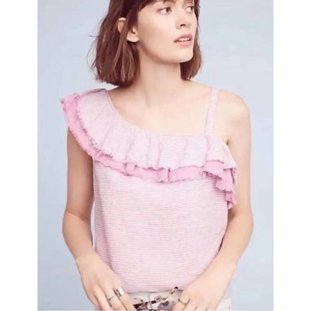 NWT Holding Horses Anthropologie Pink Striped One Shoulder Ruffle Linen Top M